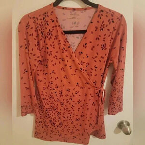 Motherhood Maternity Small Pull On Blouse Vneck Side Tie Bow Leaf Pattern